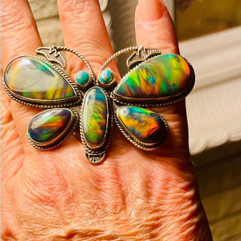 Authentic opal sterling silver butterfly ring